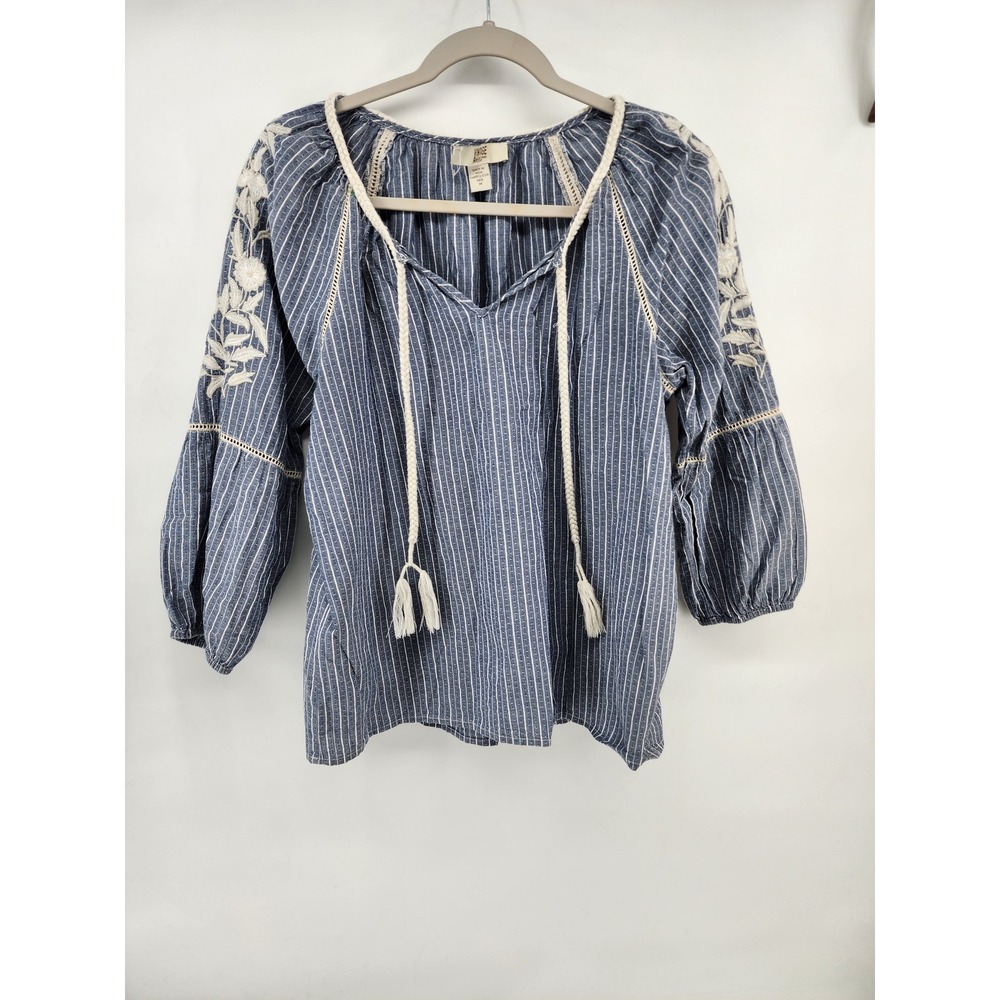 Vintage America Blues Womens Medium Blue White Striped Embroidered Boho Top M